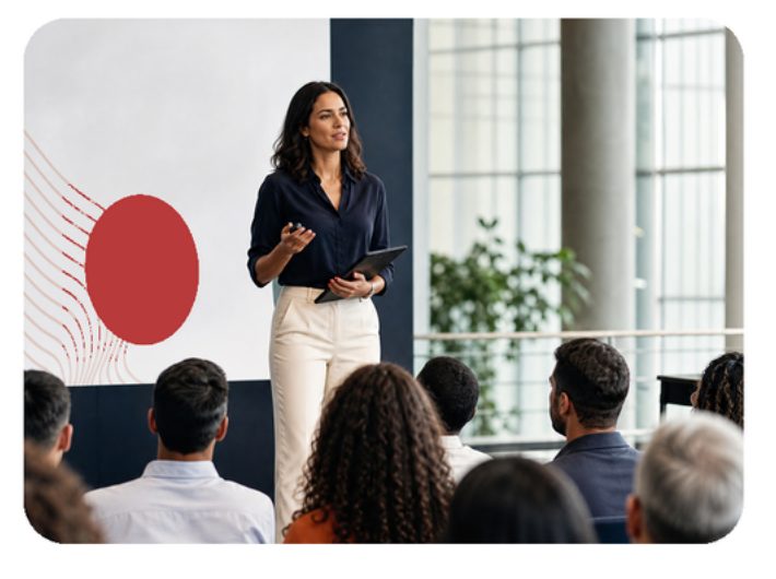 Consultora da LoideMed apresentando para equipe em ambiente corporativo