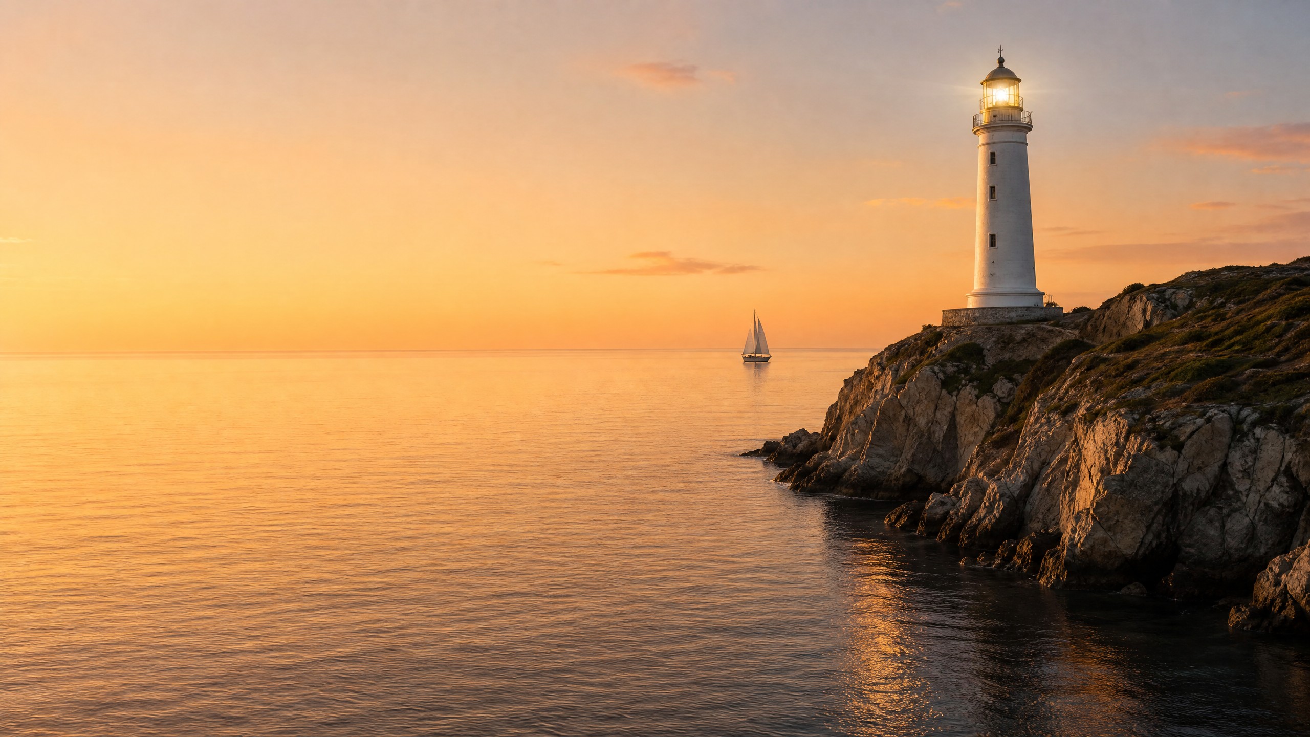 Farol aceso sobre penhasco ao amanhecer, com veleiro navegando ao longe em direção à luz